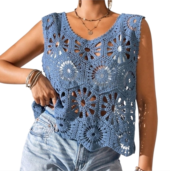 Cupshe Tops - Cupshe Small Blue Crochet Tank Top Vacation Boho Chic Bohemian Sheer Knit
